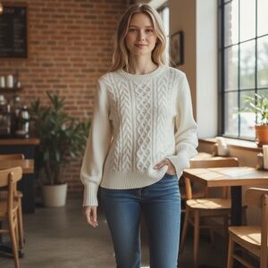 WORTHINGTON sz Large Sweater Pullover Pearl Bead Detail Cable Knit White